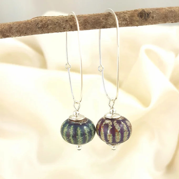 Silver Leaf Mutlicolour Stripe Glass Earrings