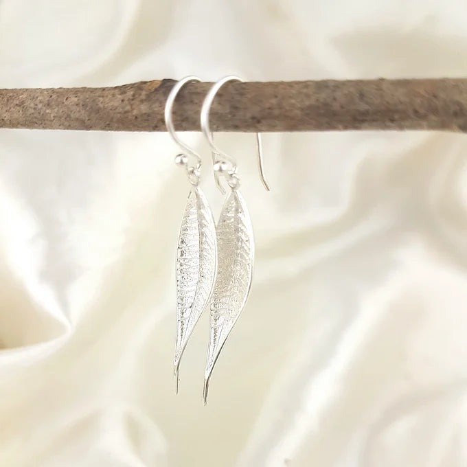 Sterling silver long & slender leaf earrings
