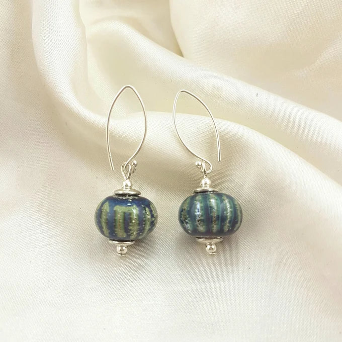 Silver Leaf Mutlicolour Stripe Glass Earrings