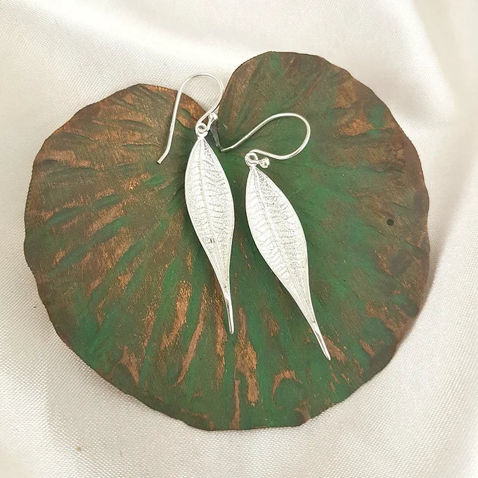Sterling silver long & slender leaf earrings